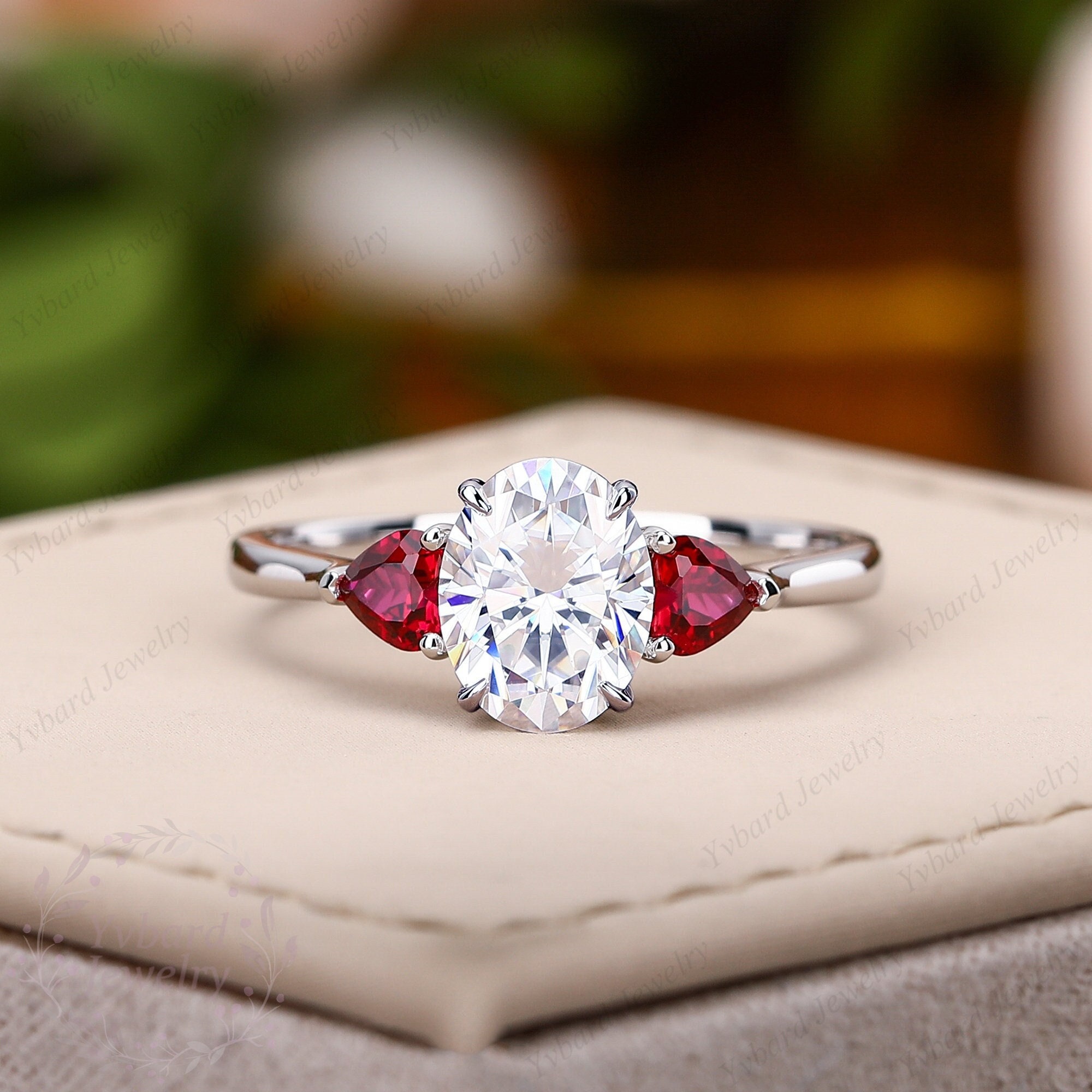 2CT Oval Cut Moissanite Engagement Ring Solid 14K White Gold Wedding Ring Lab Ruby Three Stone Minimalist Ring For Women Anniversary Gift