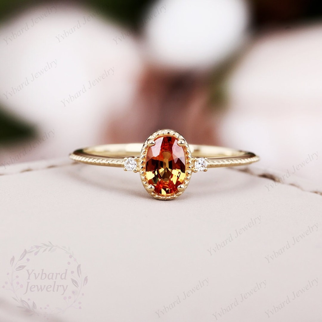 オーバルオレンジサファイアリング 14K/18Kソリッドイエローゴールド
