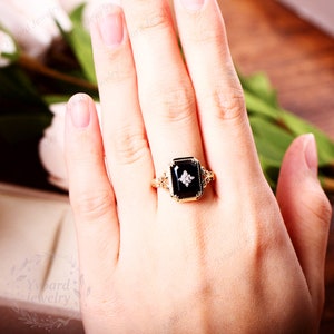 Emerald Cut Natural Black Onyx Ring Vintage Diamond Solid 18K/14K/10K Gold Art Deco Flower Ring Handmade Ring Bridal Anniversary Gift Ring image 10