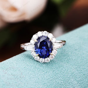 Blue Sapphire Ring 810mm Oval Lab Created Sapphire Engagement Ring ...