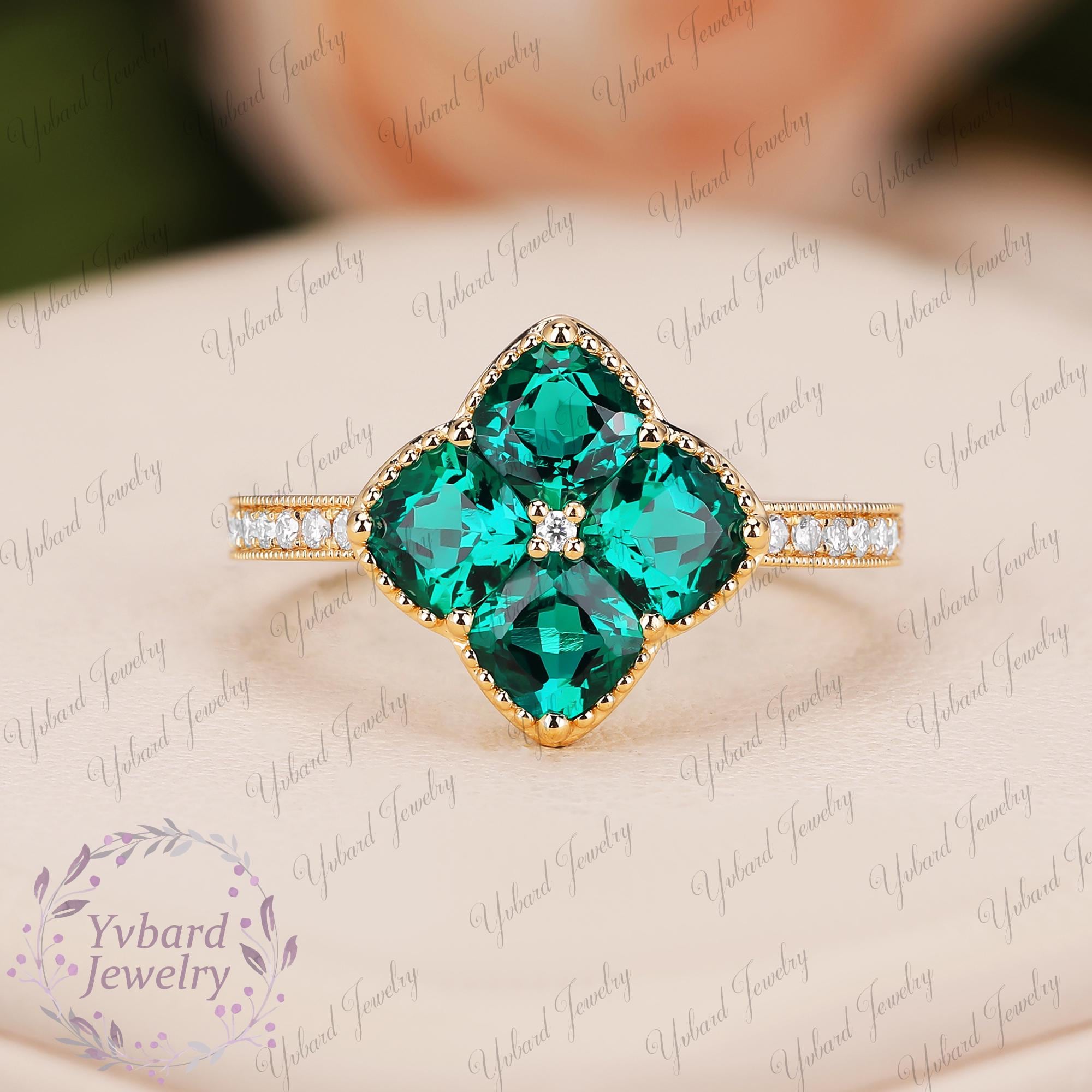 Lab Created Emerald Engagement Ring,Solid 14K Yellow Gold Wedding Ring,Lucky Flowe Design Four Stone Ring,Moissanite Anniversary Bridal Ring