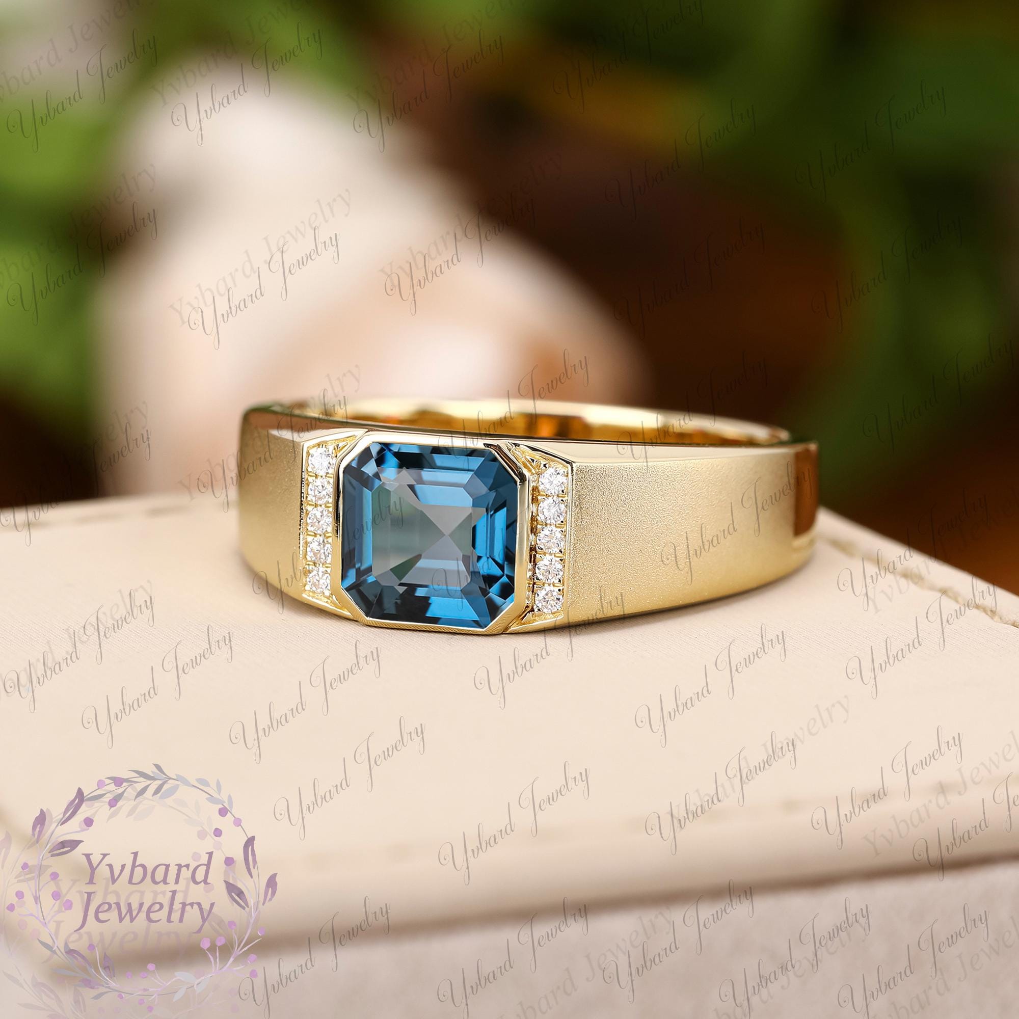 Natural London Blue Topaz Rings for Men 18K/14K/10K Solid Yellow 