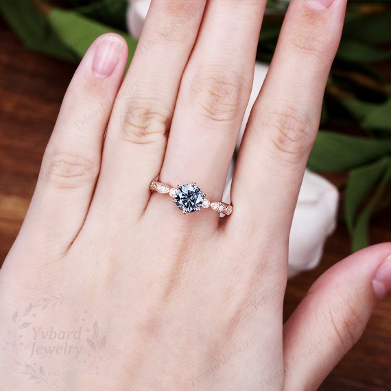 Vintage Blue Grey Moissanite Engagement Ring 10K 14K 18K Solid Rose Gold Wedding Ring Unique Milgrain Ring For Women Bridal Anniversary Gift