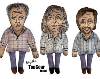 Buy the Top Gear team, Jeremy Clarkson parody doll, James May doll, Richard Hammond doll, celebrity dog toy, Top Gear stuffed celebrity doll