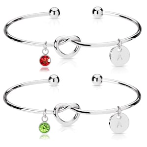 Personalised Silver Initial Letters Charm Bracelet Bangle Love Knot & Birthstone Charm, Will You Be My Bridesmaid, Best Friend Gift For Her