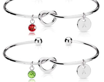 Personalised Silver Initial Letters Charm Bracelet Bangle Love Knot & Birthstone Charm, Will You Be My Bridesmaid, Best Friend Gift For Her