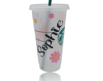 Personalised Starbucks Daisy Tumbler: Pretty Pink White Floral Design | Reusable Frosted Cold Cup Tumbler – w/Lid + Straw 24oz / 710ml Gift