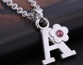 Children's Jewellery Initial Letter Pink Crystal Flower Necklace .925 Sterling Silver Chain Alloy Charm