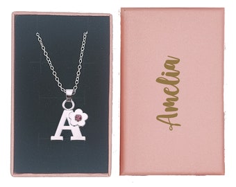 Personalised CHILDREN's Jewellery Initial Letter Pink Crystal Flower Necklace .925 Sterling Silver Chain Alloy Charm With Gift Box