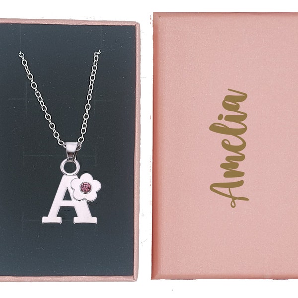 Personalised CHILDREN's Jewellery Initial Letter Pink Crystal Flower Necklace .925 Sterling Silver Chain Alloy Charm With Gift Box