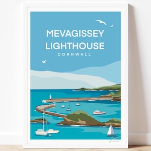 Affiche de voyage de Cornouailles Angleterre de phare de Mevagissey | Impression d&#39;art de vacances à la plage en bord de mer | Décoration murale pour la maison, impression de voyage | Par Francesca Creates