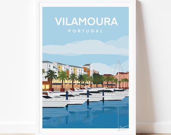 Lámina de Vilamoura, Portugal – Póster de viaje del Algarve – Arte mural costero – Ilustración de puerto deportivo de lujo - Francesca Creates