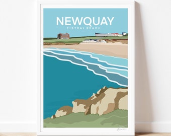 Lámina de la playa de Fistral - Póster de surf de Newquay - Arte costero de Cornualles - Póster de viaje de Cornualles - Arte para vacaciones en la playa - Francesca Creates