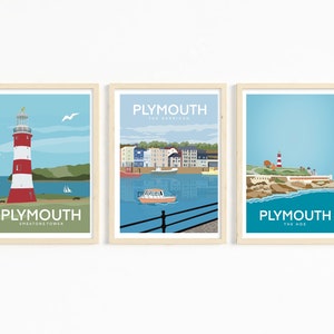 Plymouth Travel Posters Set of Three | Smeatons Tower Hoe Plymouth Travel Print | Barbican Plymouth Print | Francesca Creates