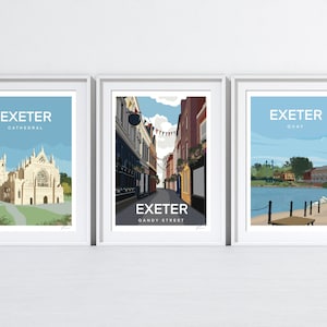 Exeter Prints Set of Three | Exeter Travel Prints Three Set | Exeter Quay Print | Exeter Cathedral | Exeter Gandy Street | Francesca Creates