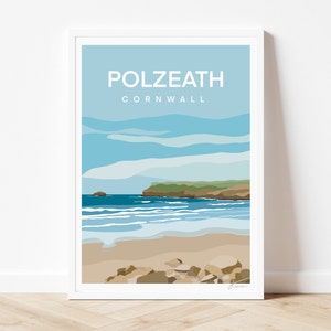 Póster de viaje de Polzeath Beach, Cornualles, Inglaterra / Impresión artística de vacaciones en la playa junto al mar / Impresión de viaje para decoración de paredes del hogar / Por Francesca Creates