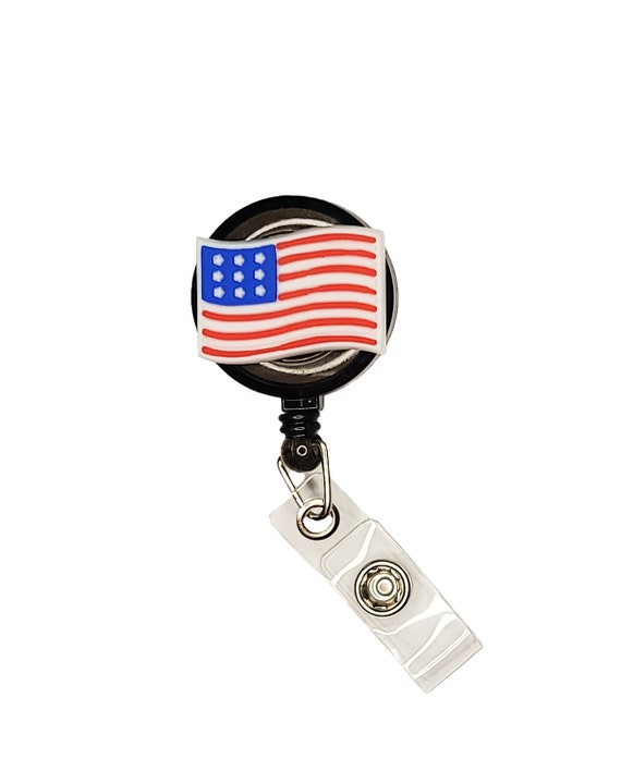 USA US Flag Badge Reel Retractable Handmade ID Holder America 