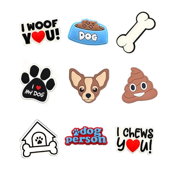 Chihuahua Shoe Charm for Clogs Shoes Sandals Eyeglass Set of 9 Woof Chew Bark Doggy Pup House Bowl Bone Poop Paw Paws Person
