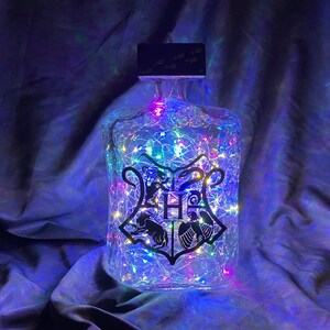 May include: A clear glass bottle with a black and white Hogwarts crest decal and multi-colored fairy lights inside.