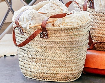 Straw bag Handmade French Basket Moroccan Basket french market basket, Beach Bag - Natural Basket long Flat Leather Handle, Moroccan bag