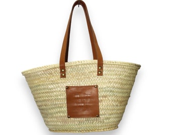 Monogram basket bag for women, Market basket personalized with initial, Custom beach bag with leather handles, Straw beach bag, Gift for Her