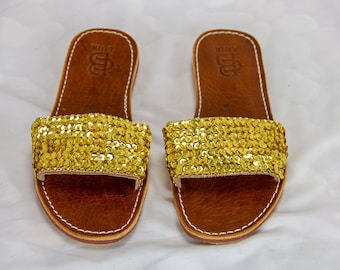 Womens Leather Gold Sequin Sandals 100% Natural Leather Handmade Leather Braided Sandals, Handcrafted Summer Sandals, Bride Beach Sandals