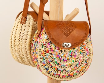 Round Straw Bag with Leather Handles Straps / Ladies Colorful Handbag / Palm Leaf Hand Painted Bag / Summer Sequins Bogg Weekend  Wifey Bag
