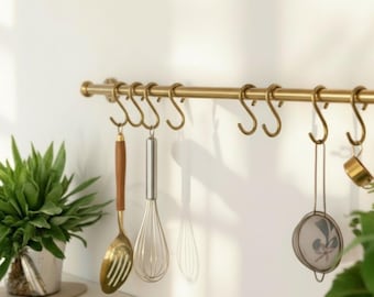 Farmhouse Brass Kitchen Utensil Rail – Solid Brass Pot Hanger with S Hooks, Vintage Wall Mounted Kitchen Organizer