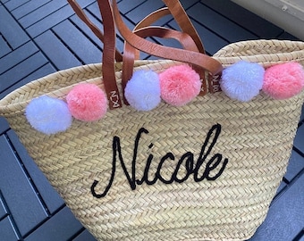 Straw bag Handmade French Basket Moroccan Basket french market basket, Beach Bag - Natural Basket long Flat Leather Handle, Moroccan bag