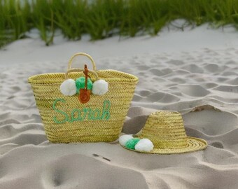 Personalised Pom Pom purse for bride, Straw sun hat beach , Bridesmaid Proposal Caps Gift Bag, Custom beach bag gift for her, Girls Trip Bag
