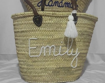 Custom monogrammed bag leather handles , customize straw bag, personalized market basket beach bag, Gift bag for Mom  Mother Bridesmaids