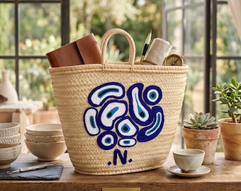 Handwoven Moroccan Palm Leaf Basket with Blue Abstract Embroidery