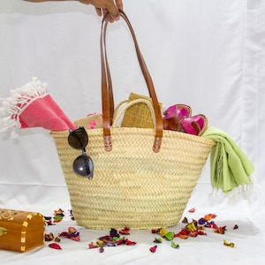 Double Handle Leather & straw, Market basket, Moroccan Bag, Moroccan straw bag, basket, French Basket Bag, Farmers Market Bag, Beach Bag
