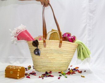 Double Handle Leather & straw, Market basket, Moroccan Bag, Moroccan straw bag, basket, French Basket Bag, Farmers Market Bag, Beach Bag