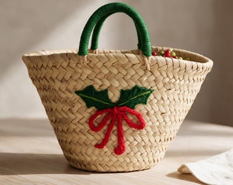 Christmas Straw Basket, Moroccan Woven Bag, Holiday Gift Basket, Handmade Palm Leaf Tote