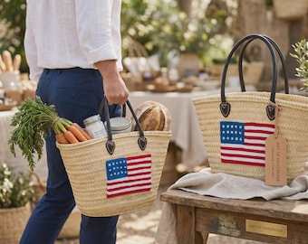 Straw Tote Bag USA Flag , Leather Handle Beach Bag, Custom Straw Bag, Monogram Basket Tote, Summer Vacation Gift