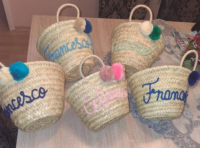 Personalized Beach Tote Bag, Beach Straw Bag, Bridal Shower Bag, Bachelorette Gift Bag, Custom Initials Bag, Bag For Her 2 POM POMs