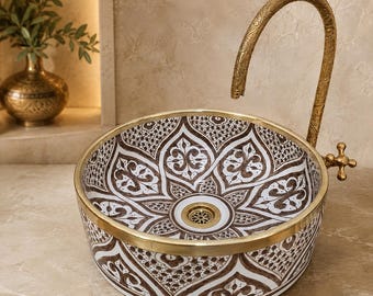 Hand-Painted Moroccan Ceramic Vessel Sink with Brass Rim – Brown & White Artisan Basin