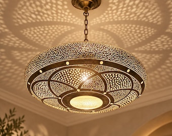 Handcrafted Moroccan Brass Pendant Light – Pierced Metal Ceiling Lamp with Warm Shadow Patterns, 5 Finishes & Multiple Sizes