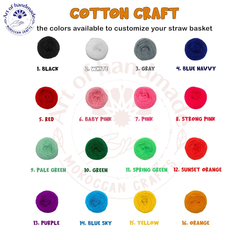 Puede incluir: Una tabla que muestra 16 colores diferentes de hilo de algod&oacute;n, con cada color etiquetado con un n&uacute;mero y un nombre. Los colores incluyen negro, blanco, gris, azul marino, rojo, rosa beb&eacute;, rosa, rosa fuerte, verde p&aacute;lido, verde, verde primavera, naranja atardecer, morado, azul cielo, amarillo y naranja.