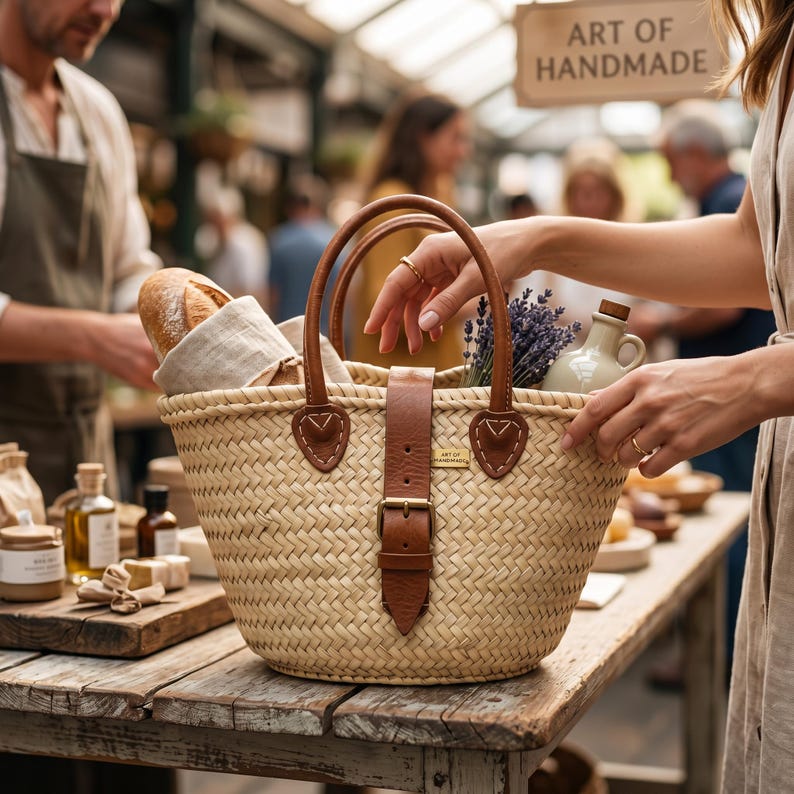 May include: A woven straw market basket featuring two brown leather handles and a central brown leather strap with a metal buckle. The basket contains a loaf of bread in a linen cloth, a bunch of dried lavender, and a small ceramic jug.