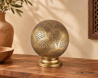 Handcrafted Moroccan Brass Table Lamp – Pierced Metal Globe Light with Warm Geometric Shadow Patterns