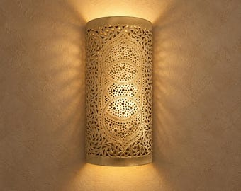 Handcrafted Moroccan Brass Wall Sconce – Pierced Metal Wall Light with Decorative Shadow Pattern
