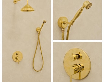 Handcrafted Brass Shower System with Rainfall Showerhead, Hand Shower & Concealed Mixer