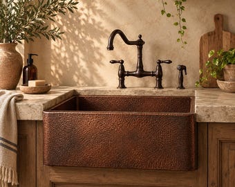 Handcrafted Hammered Copper Farmhouse Apron-Front Kitchen Sink