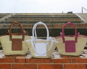 Handmade Straw Basket Tote - French Woven Beach Bag with Natural Leather Straps | Customizable Gift for Her | Trendy Summer Purse for Women