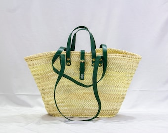 Straw bag Handmade French Basket Moroccan Basket french market basket, Beach Bag - Natural Basket long Flat Leather Handle, Moroccan bag