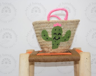 Sac panier fourre-tout cactus fait main pour enfants, rembourrages de panier personnalisés, cadeau pour garçons filles, panier de paille fait main, étiquettes pour bébés et enfants en bas âge