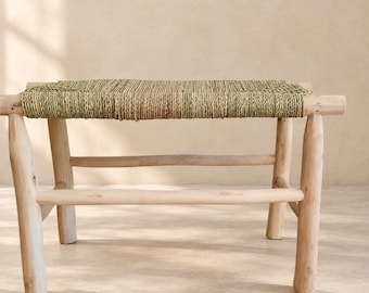 Handcrafted Moroccan Wooden Bench with Natural Woven Seagrass Seat – Rustic Boho Accent Seating