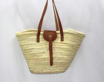 Straw Bag With Leather Handle,  Elegant Gift Straw Tote Bag, French Basket, Straw Beach Bag, Farmers Market Bag, Shopping Basket Bag